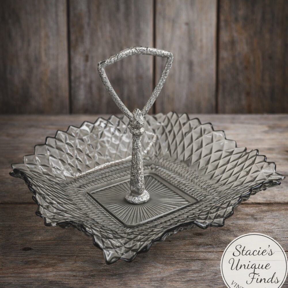 Vintage Clear Glass Handled Serving Dish Square Scalloped Candy Tray